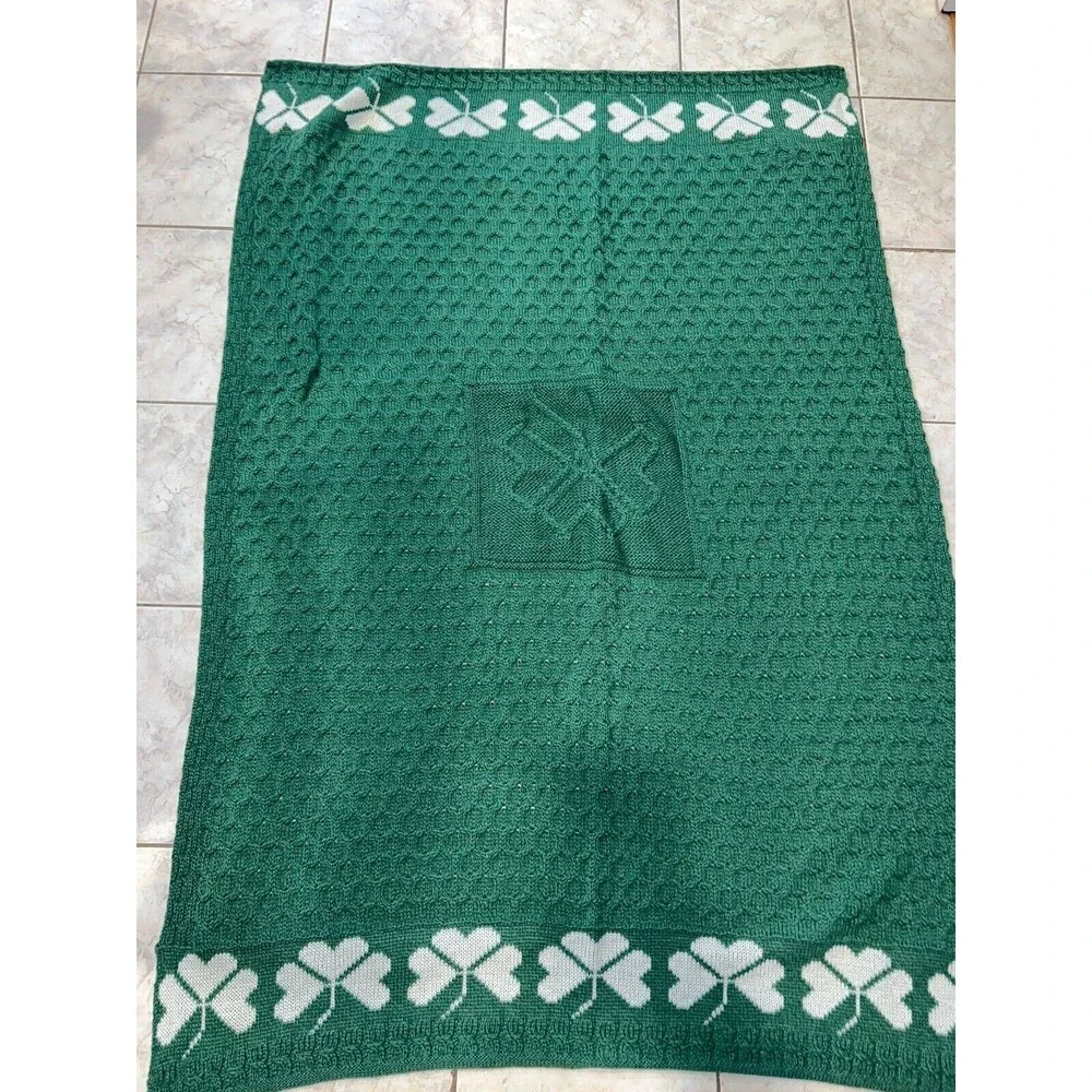 Ireland Merino Wool Throw Blanket Irish Shamrock Fisherman Cable Knit Warm Cozy